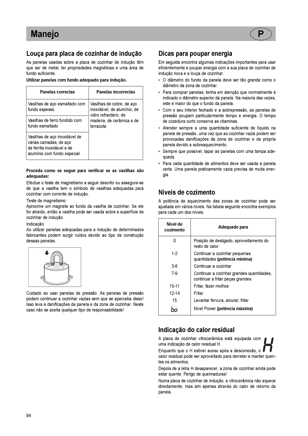 Smeg 225678 N71 manual Louça para placa de cozinhar de indução, Dicas para poupar energia, Níveis de cozimento 