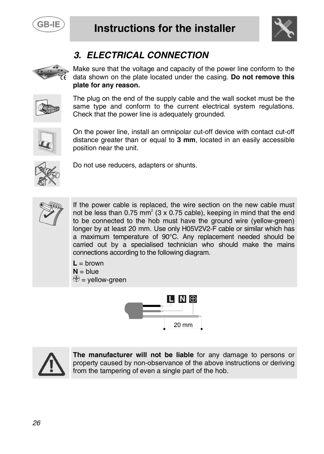 Smeg 3EM-375B, 3EM-375N, 3EM-374B, 3EM-374N manual Electrical Connection, Plate for any reason 