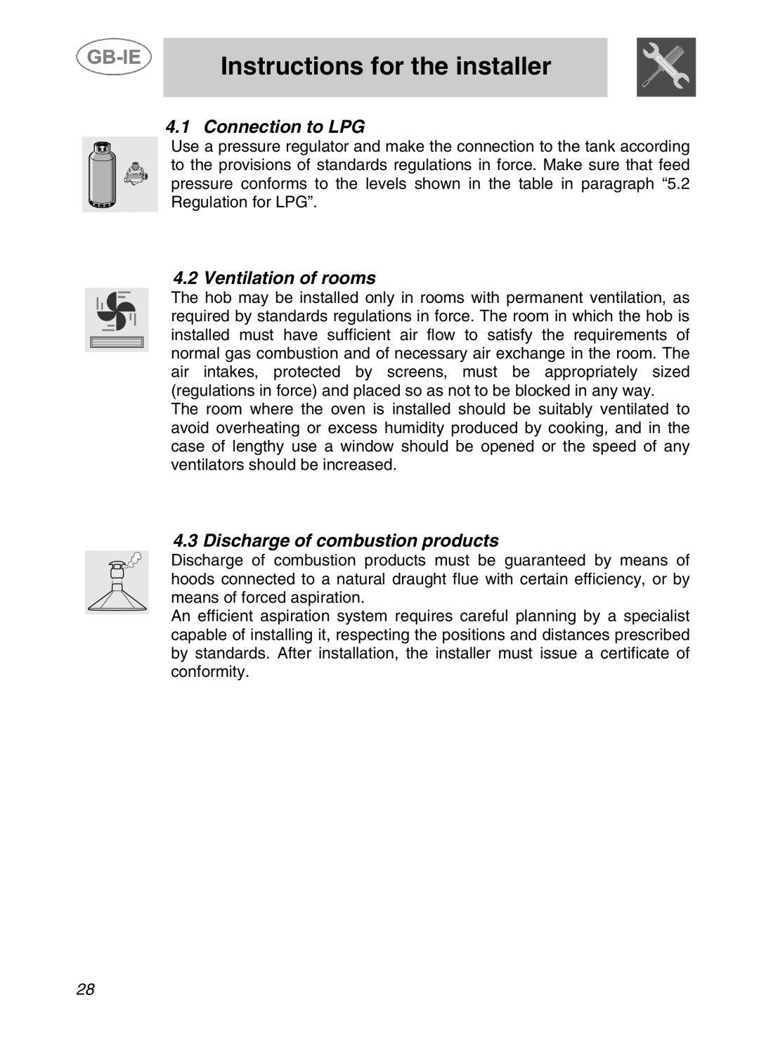 Smeg 3EM-375N, 3EM-374B, 3EM-375B, 3EM-374N manual Connection to LPG, Ventilation of rooms, Discharge of combustion products 