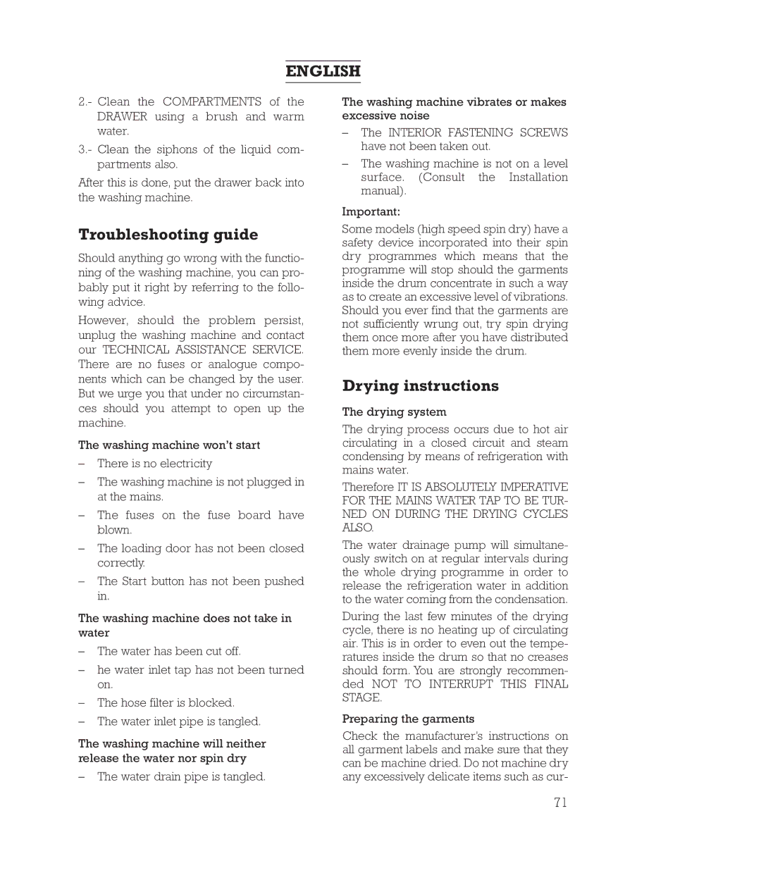 Smeg 43CT1 manual Troubleshooting guide, Drying instructions 