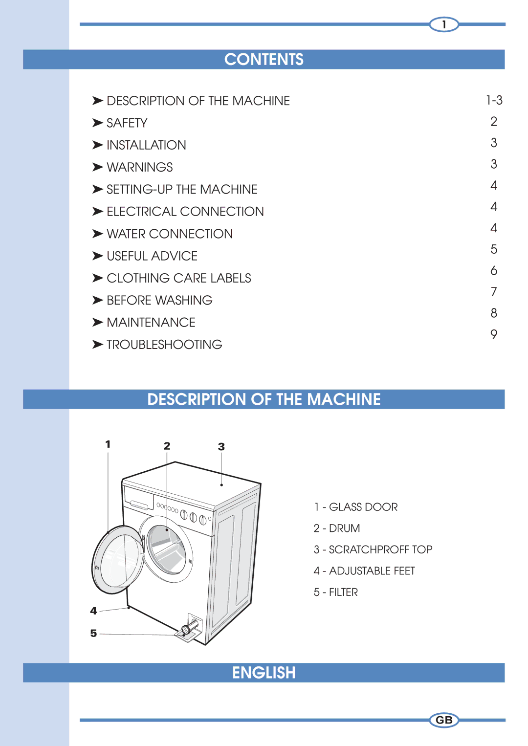 Smeg 633ST manual Contents, Description of the Machine, English 