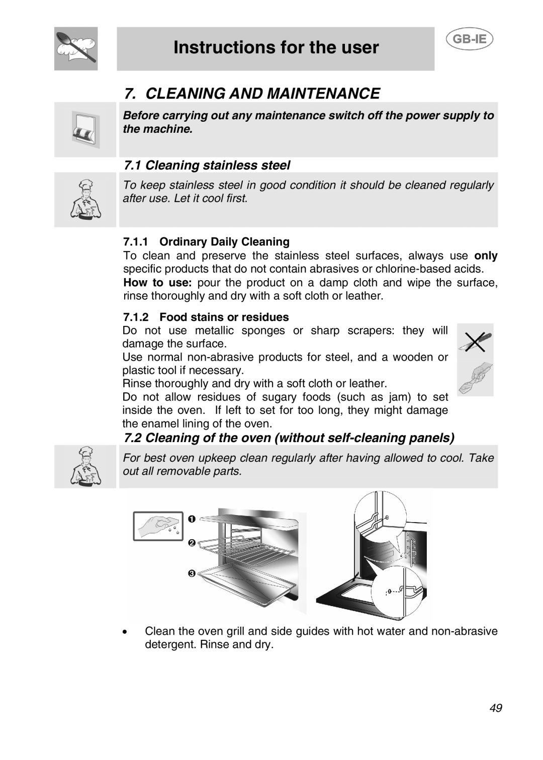 Smeg 910TB000 manual Cleaning and Maintenance, Cleaning stainless steel, Cleaning of the oven without self-cleaning panels 