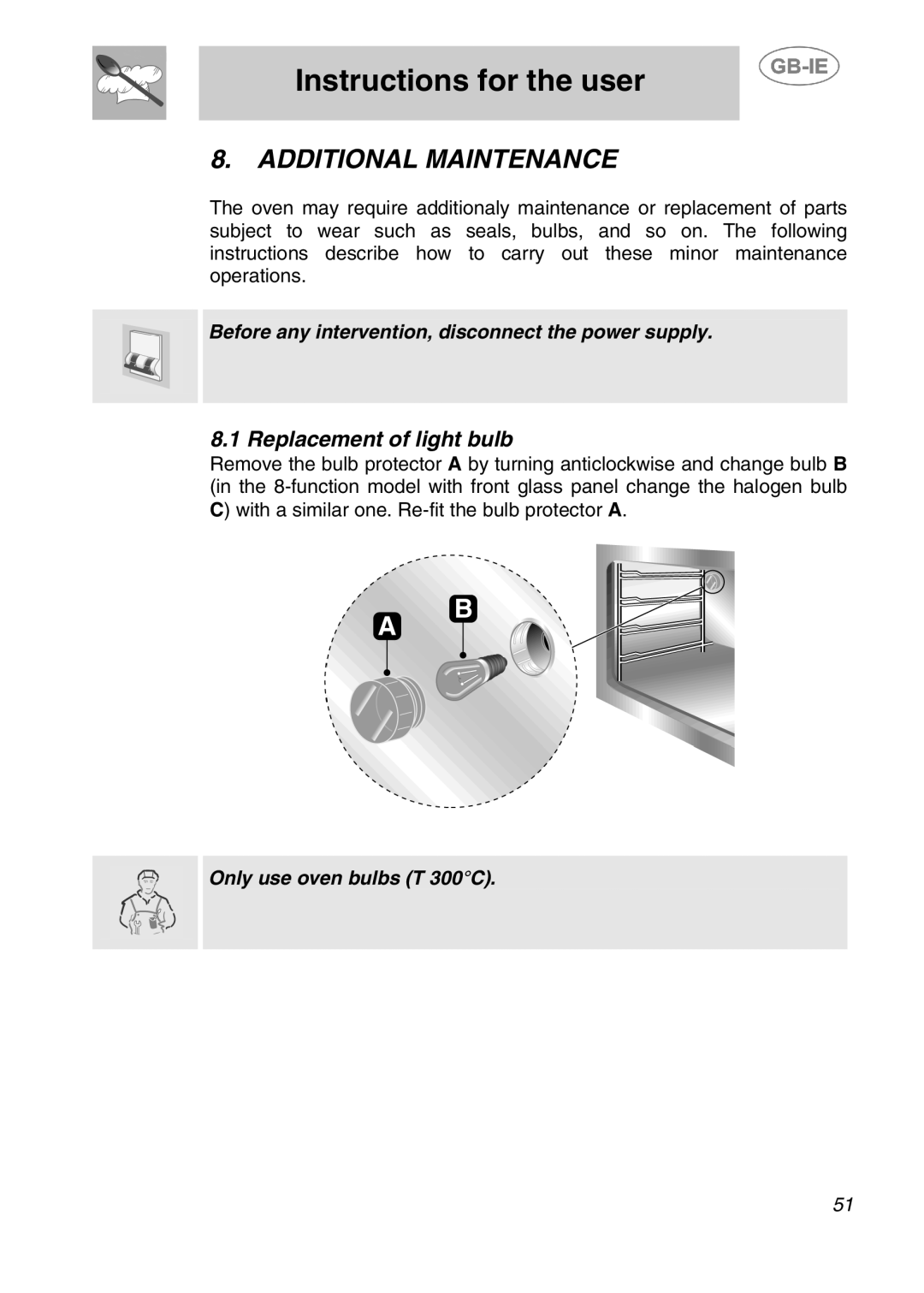 Smeg 910TB000, 910TB124 manual Additional Maintenance, Replacement of light bulb 