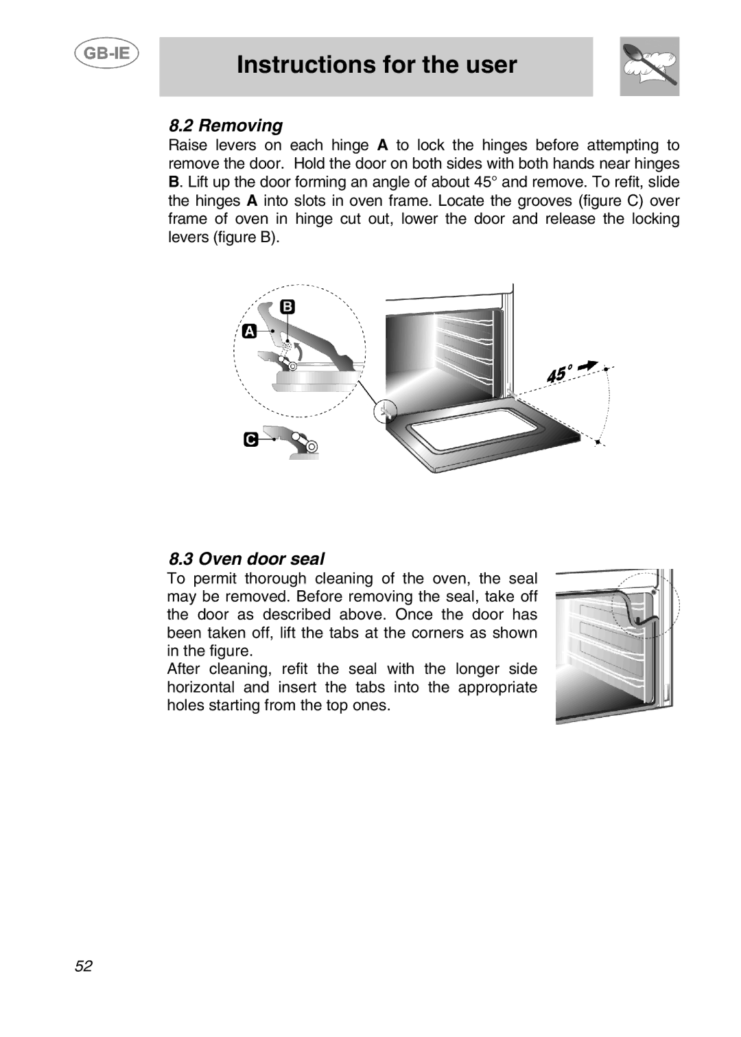 Smeg 910TB124, 910TB000 manual Removing, Oven door seal 