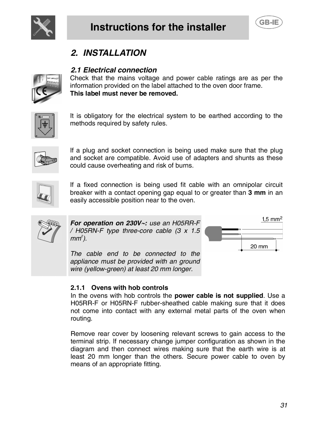 Smeg 910TB000, 910TB124 Installation, Electrical connection, This label must never be removed, Ovens with hob controls 