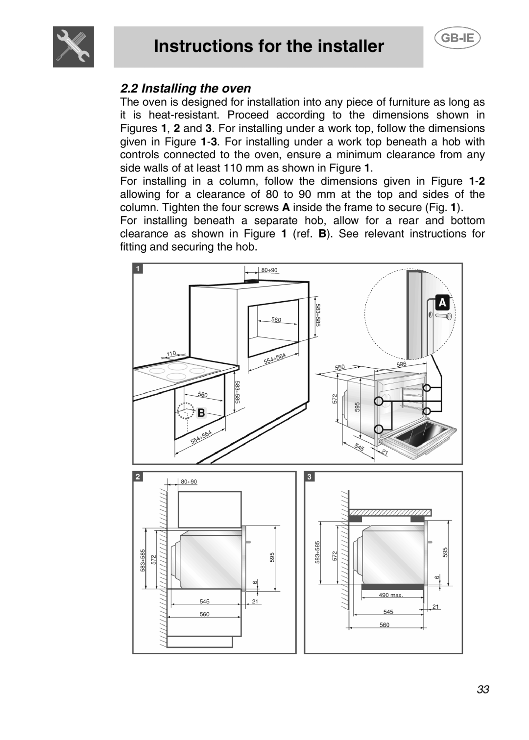 Smeg 910TB000, 910TB124 manual Installing the oven 