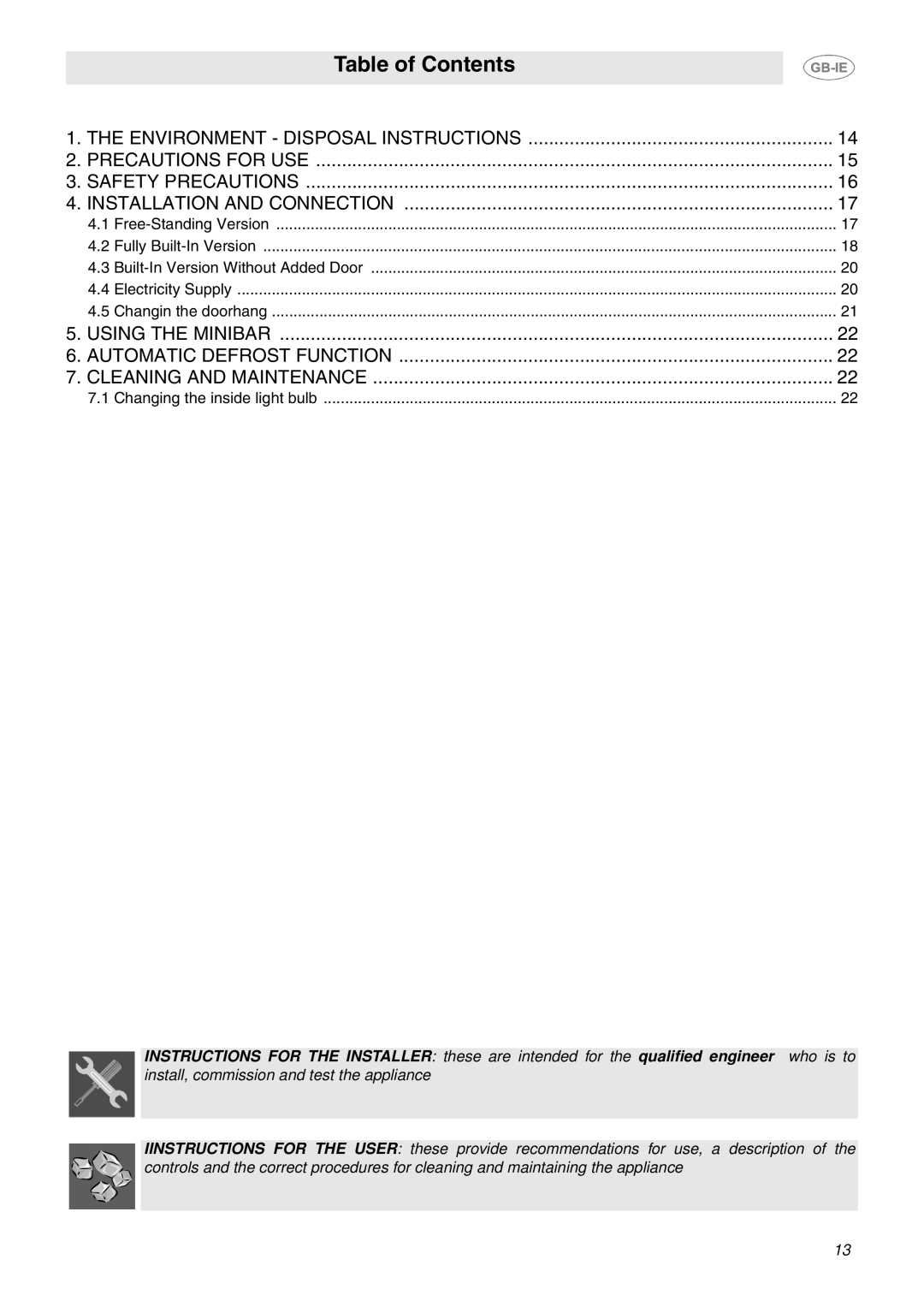 Smeg 914773118 manual Table of Contents 