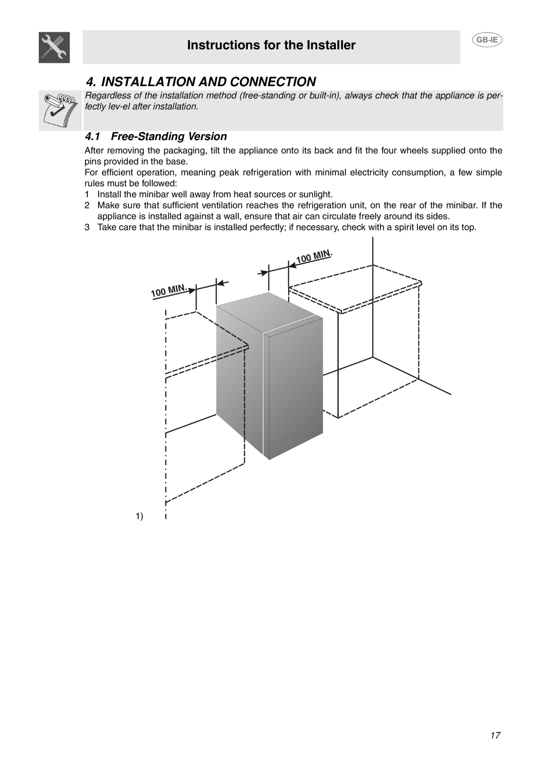 Smeg 914773118 manual Installation and Connection, Free-Standing Version 