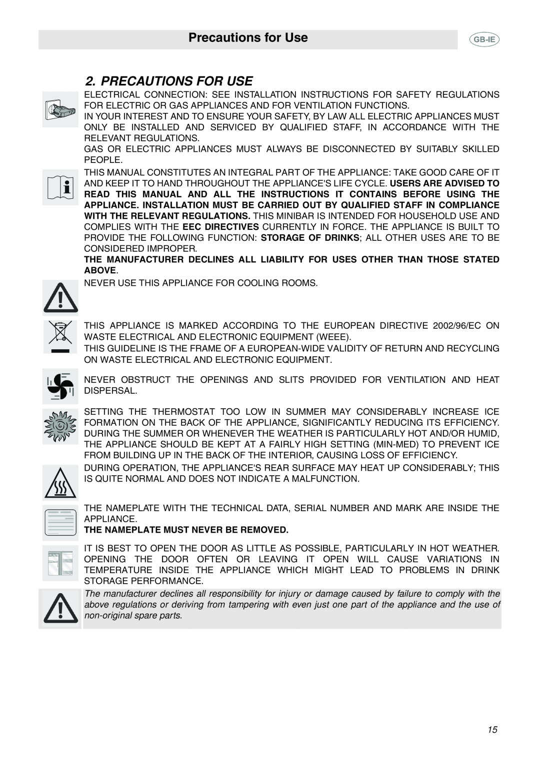 Smeg 914773118 manual Precautions for Use, Precautions For Use 