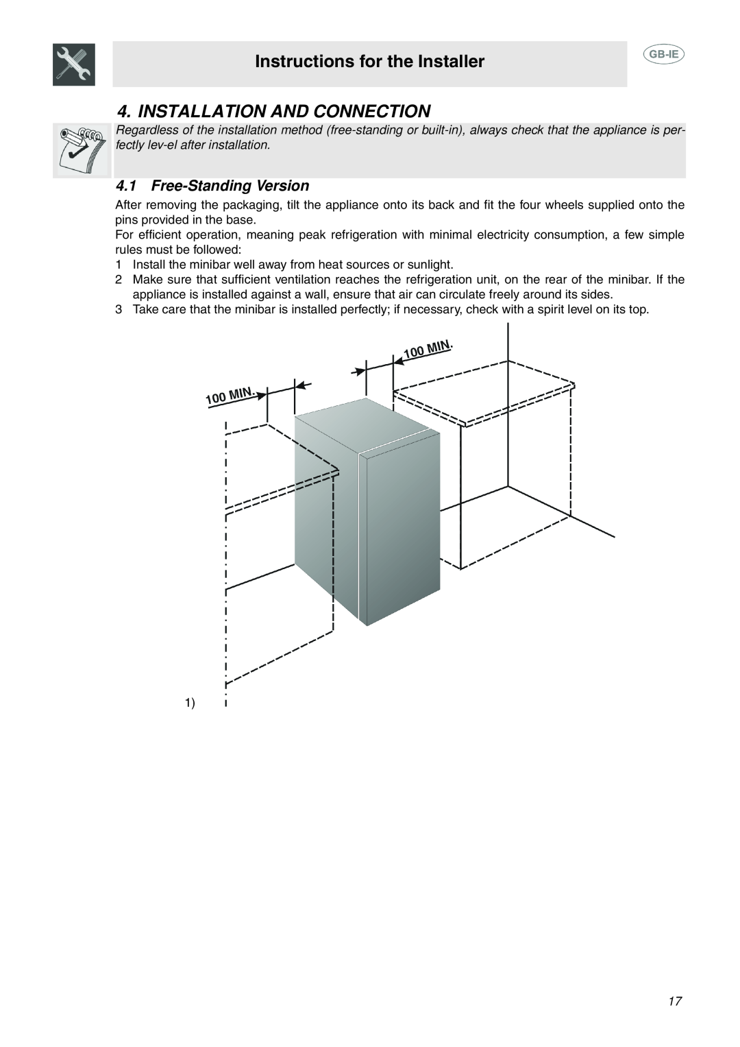 Smeg 914773118 manual Instructions for the Installer, Installation And Connection, Free-Standing Version 