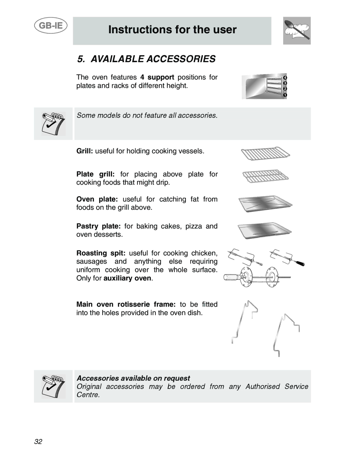 Smeg 9FBYON manual Available Accessories, Some models do not feature all accessories 