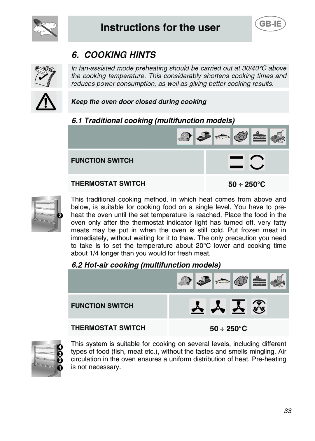 Smeg 9FBYON manual Cooking Hints, Traditional cooking multifunction models, Hot-air cooking multifunction models 