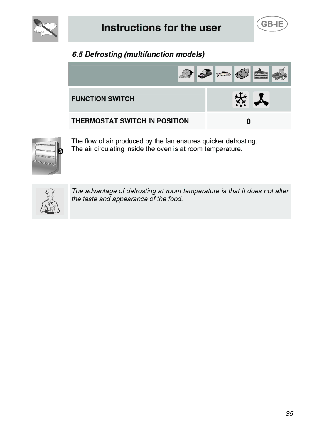 Smeg 9FBYON manual Defrosting multifunction models, Function Switch Thermostat Switch in Position 