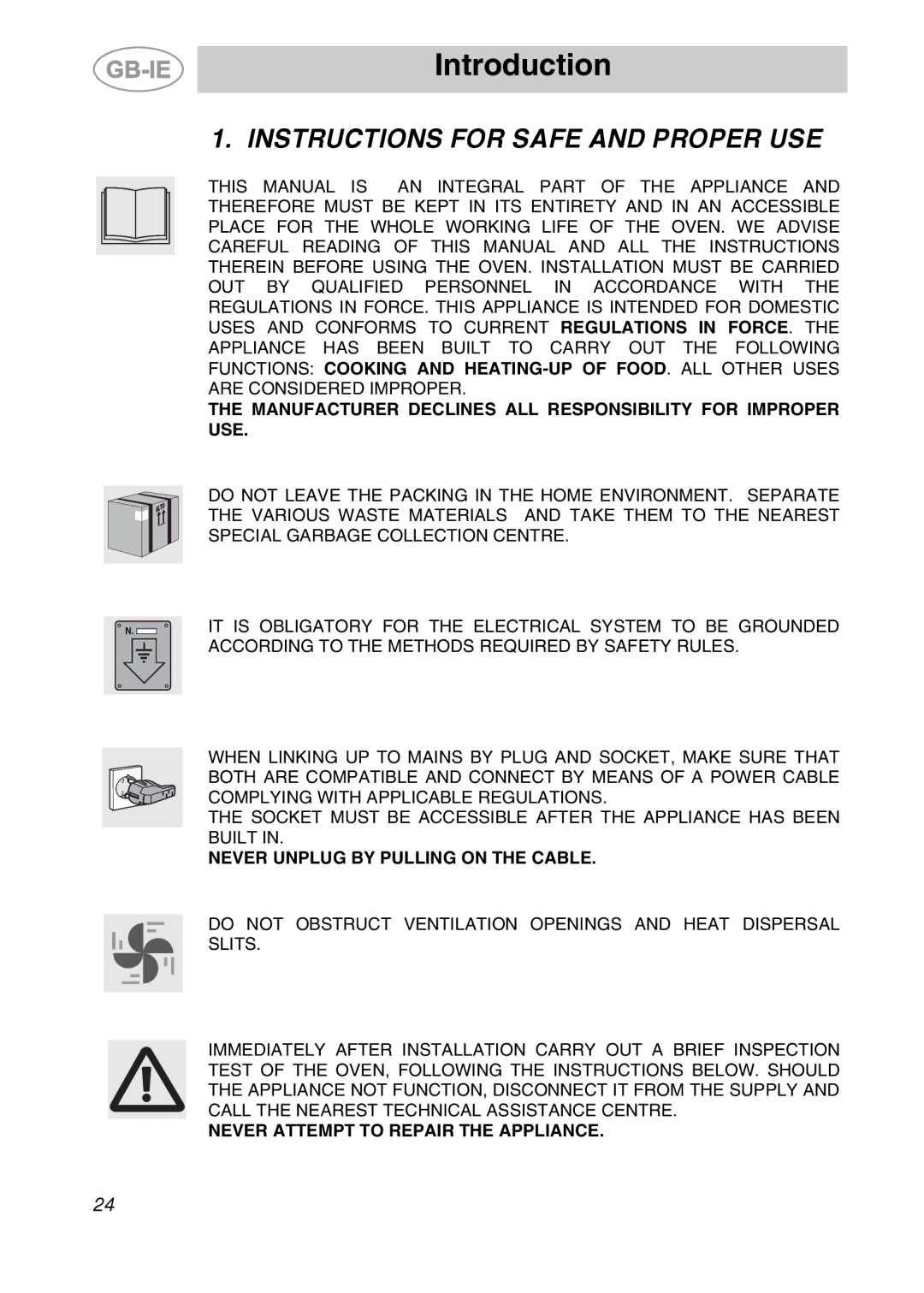 Smeg 9FBYON manual Introduction, Instructions for Safe and Proper USE 