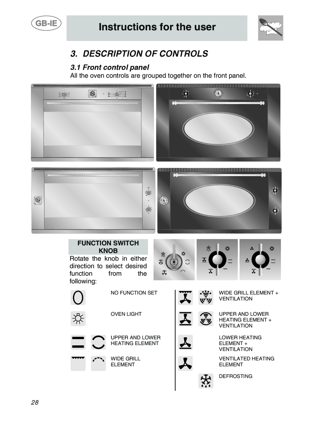 Smeg 9FBYON manual Instructions for the user, Description of Controls, Front control panel 