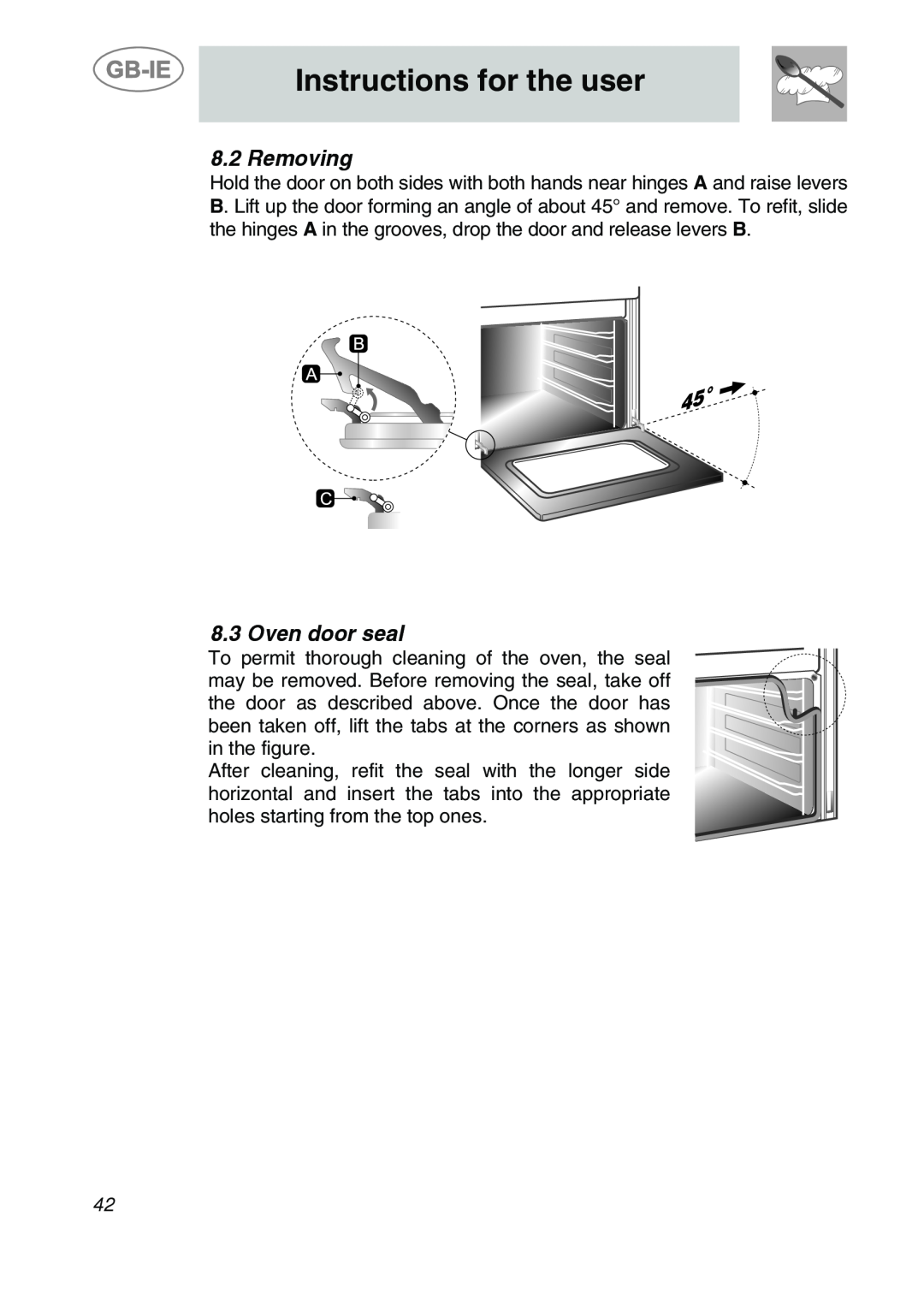 Smeg 9FBYON manual Removing, Oven door seal, Instructions for the user 