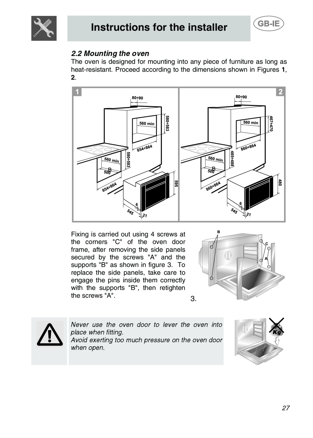 Smeg 9FBYON manual Mounting the oven, Instructions for the installer 
