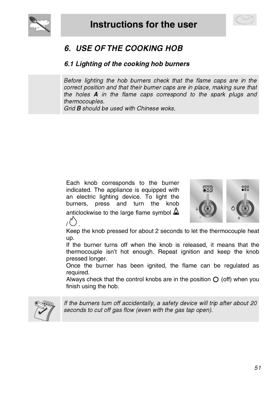 Smeg A1-2SE manual USE of the Cooking HOB, Lighting of the cooking hob burners 