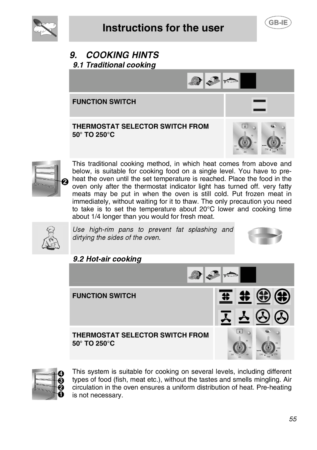 Smeg A1-2 Cooking Hints, Traditional cooking, Hot-air cooking, Function Switch Thermostat Selector Switch from 50 to 250C 