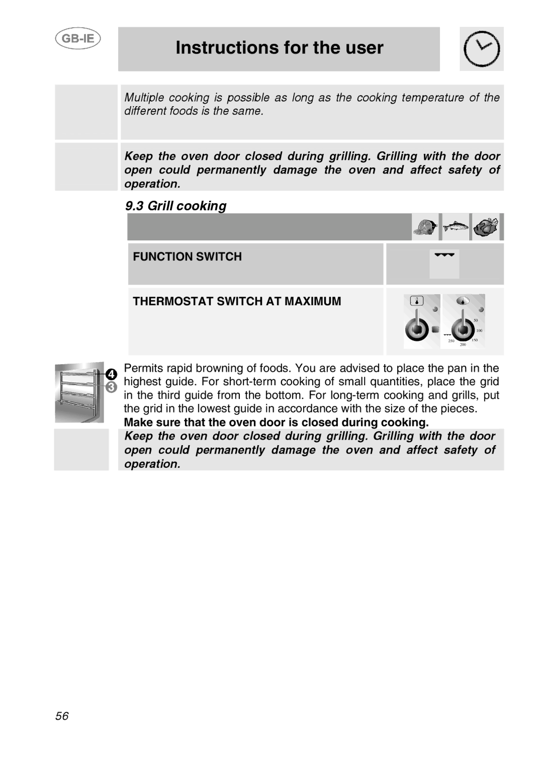 Smeg A1-2SE manual Grill cooking, Function Switch Thermostat Switch AT Maximum 