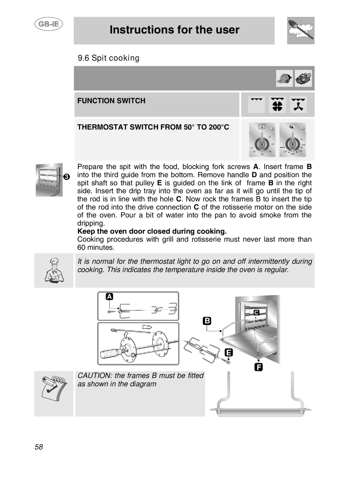 Smeg A1-2SE manual Spit cooking, Function Switch Thermostat Switch from 50 to 200C 