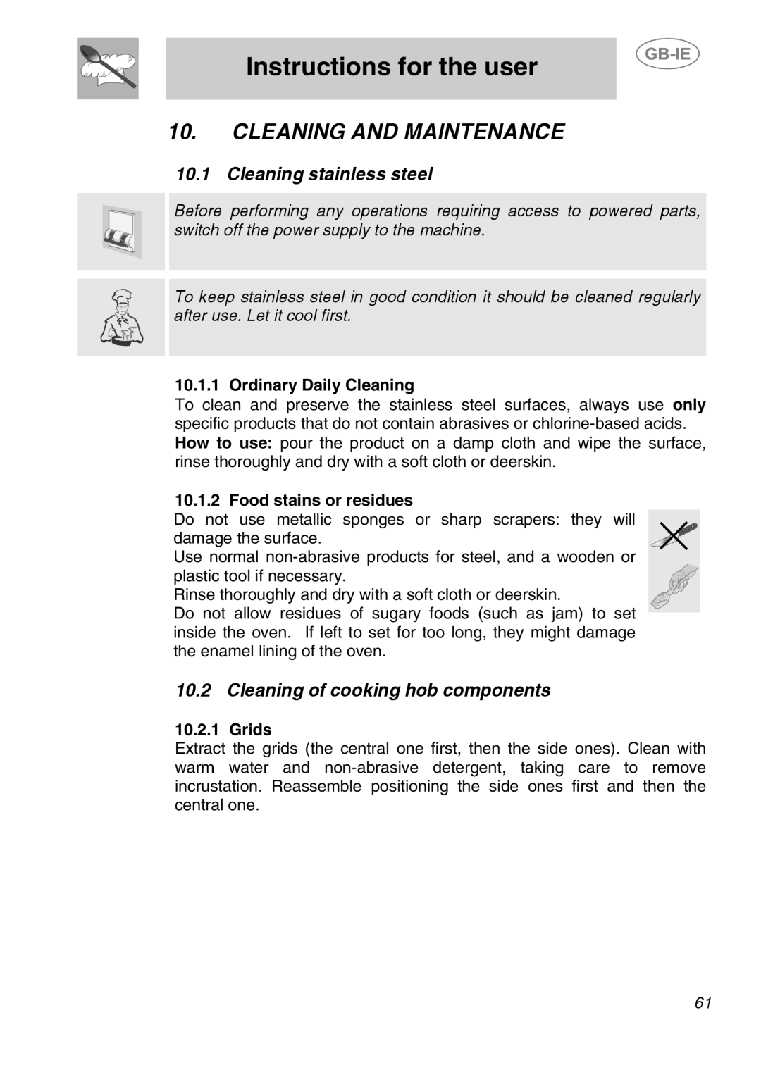 Smeg A1-2SE manual Cleaning and Maintenance, Cleaning stainless steel, Cleaning of cooking hob components 