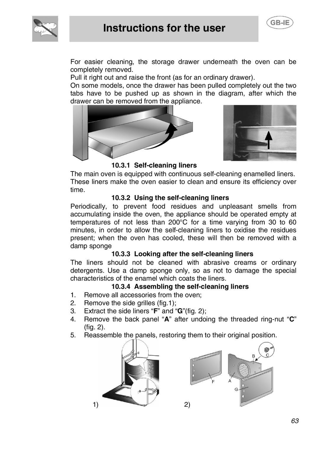 Smeg A1-2SE manual Self-cleaning liners, Using the self-cleaning liners, Looking after the self-cleaning liners 