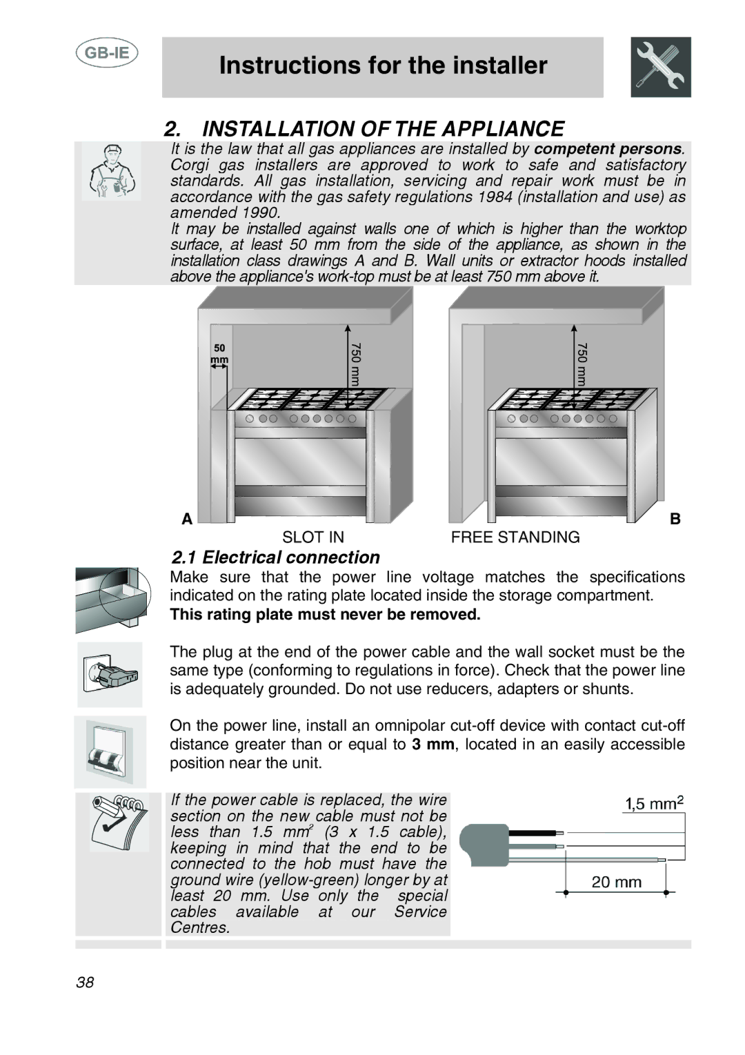 Smeg A1-2SE manual Installation of the Appliance, Electrical connection, This rating plate must never be removed 