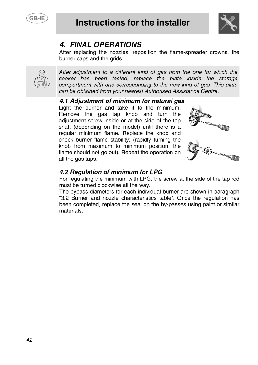 Smeg A1-2SE manual Final Operations, Adjustment of minimum for natural gas, Regulation of minimum for LPG 