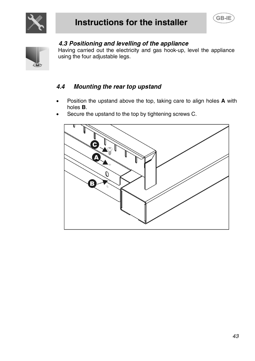 Smeg A1-2SE manual Positioning and levelling of the appliance, Mounting the rear top upstand 