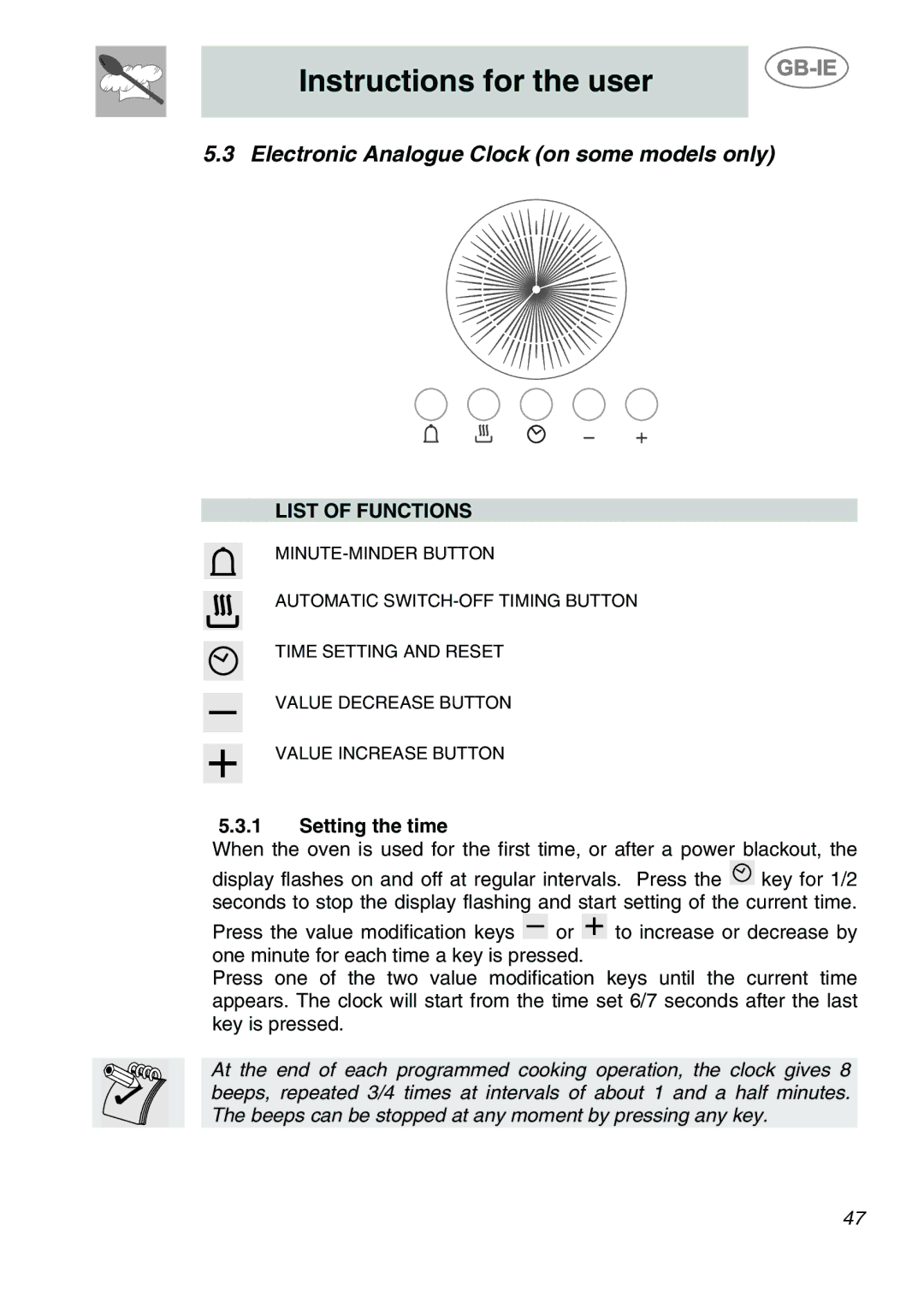 Smeg A1-6 manual Electronic Analogue Clock on some models only, List of Functions, Setting the time 