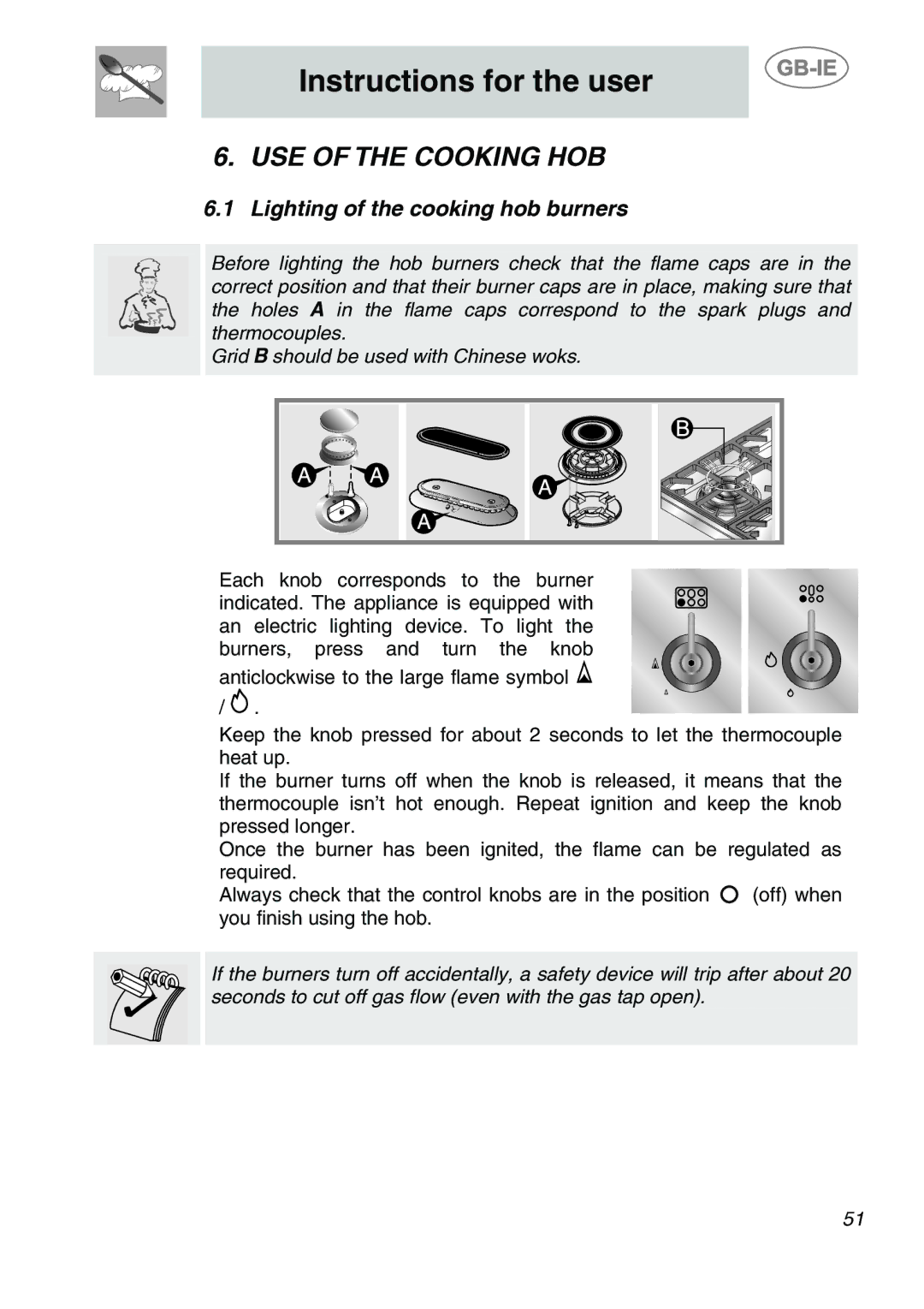 Smeg A1-6 manual USE of the Cooking HOB, Lighting of the cooking hob burners 