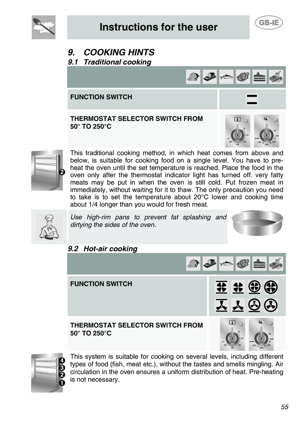 Smeg A1-6 Cooking Hints, Traditional cooking, Hot-air cooking, Function Switch Thermostat Selector Switch from 50 to 250C 