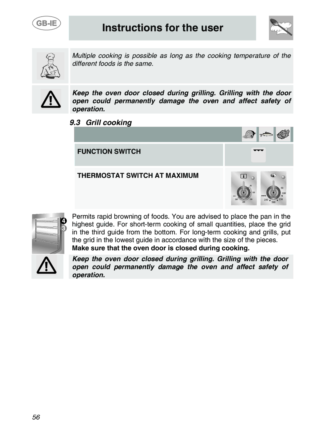 Smeg A1-6 manual Grill cooking, Function Switch Thermostat Switch AT Maximum 