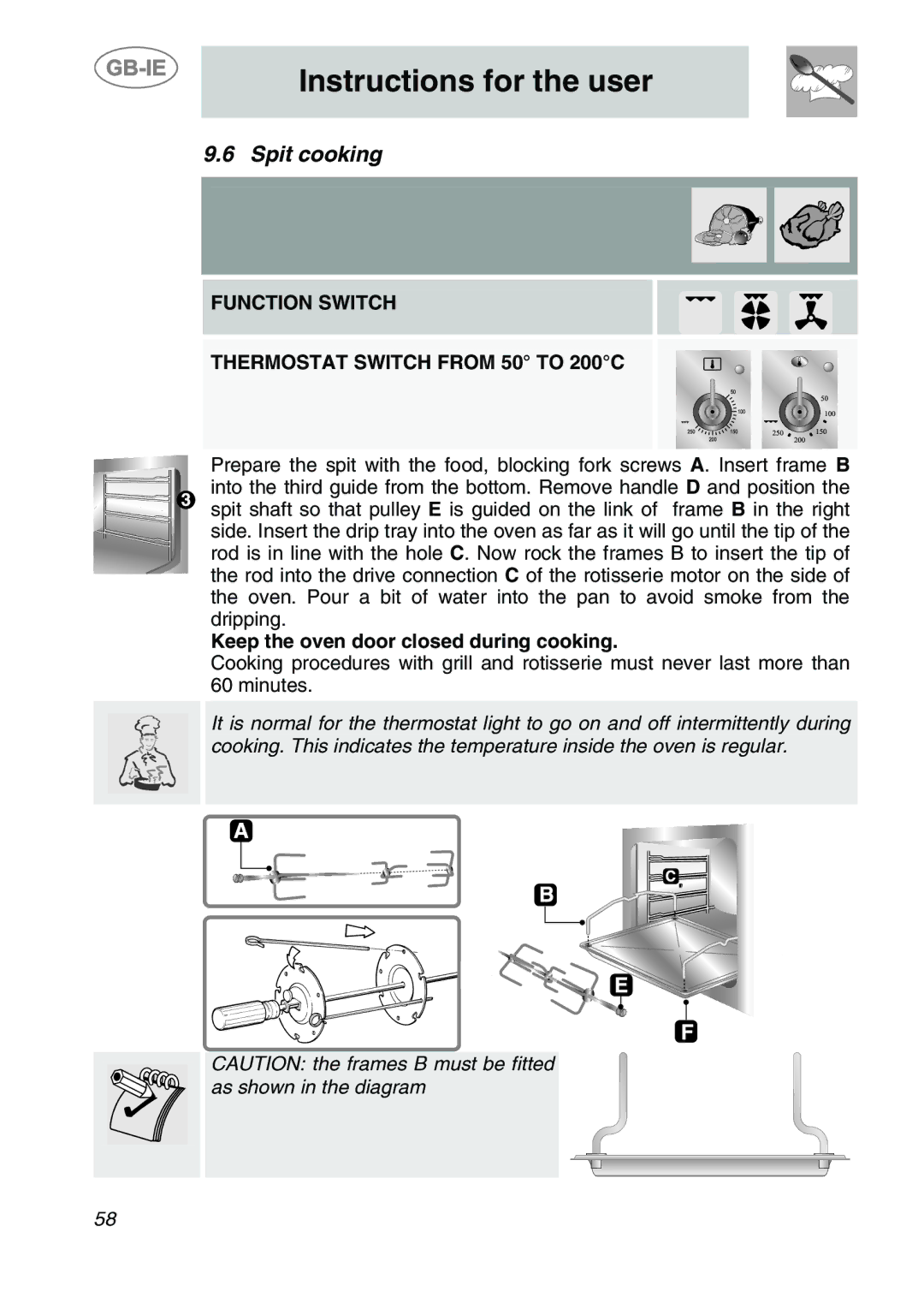 Smeg A1-6 manual Spit cooking, Function Switch Thermostat Switch from 50 to 200C 