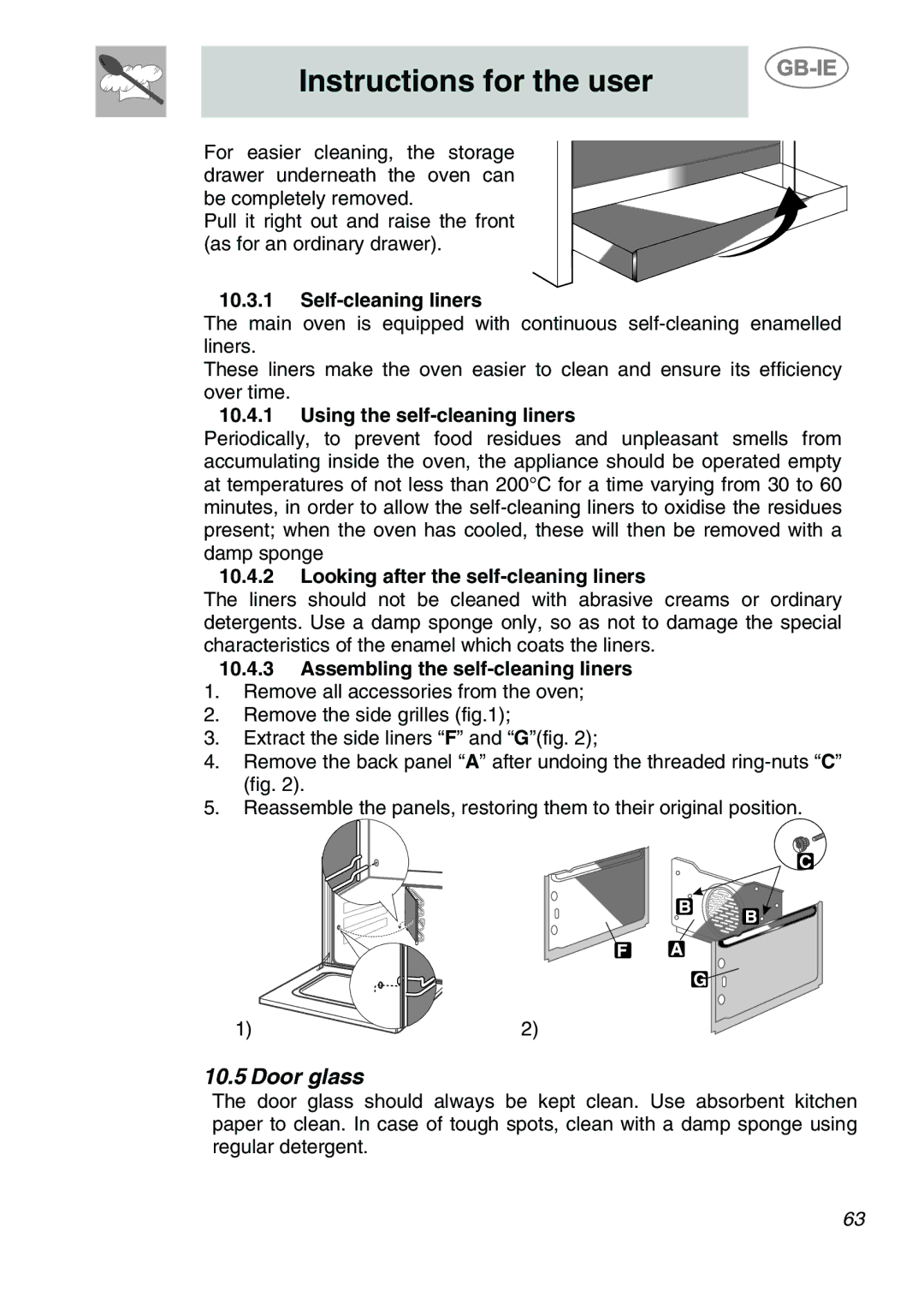 Smeg A1-6 manual Door glass, Self-cleaning liners, Using the self-cleaning liners, Looking after the self-cleaning liners 