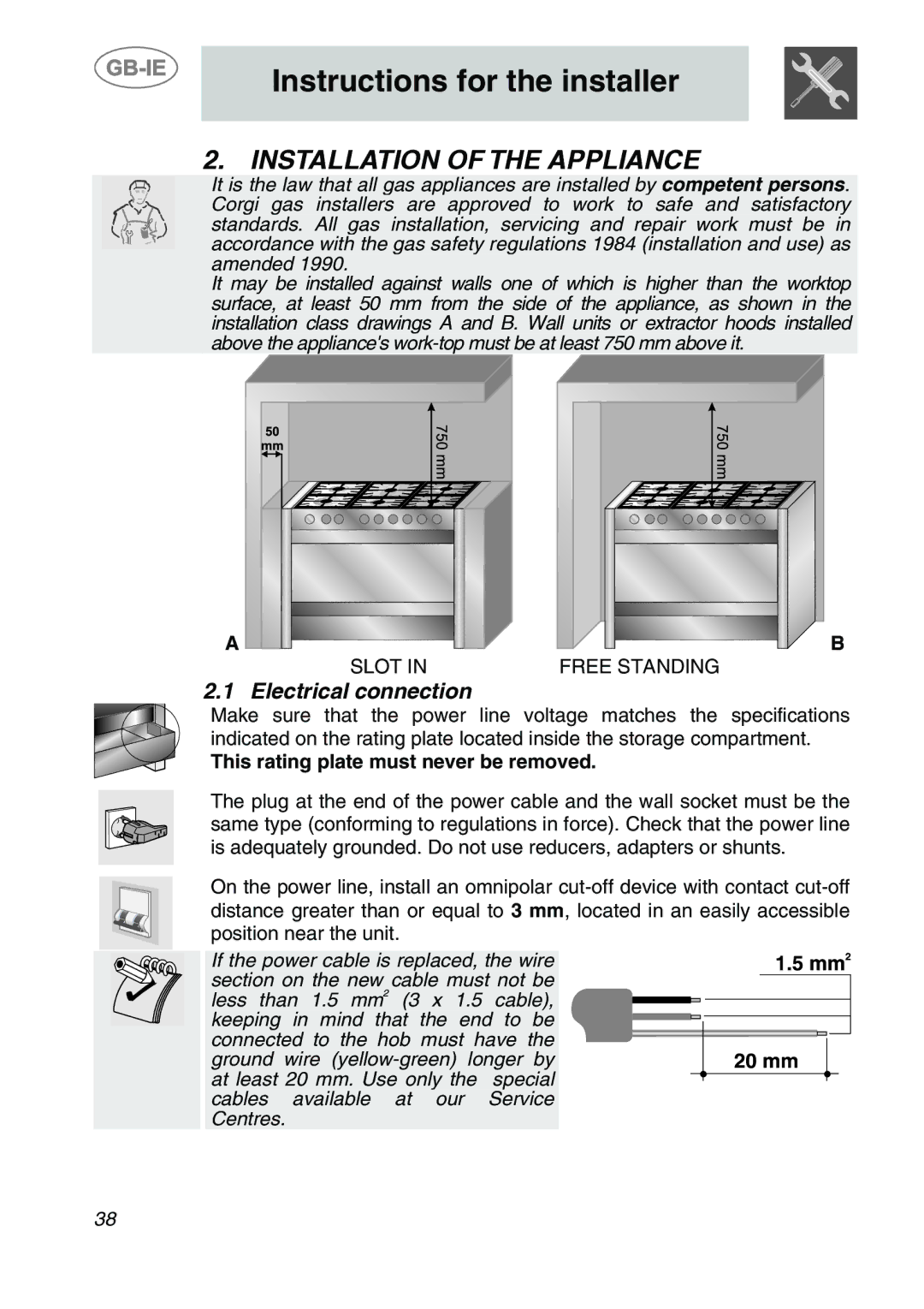 Smeg A1-6 manual Installation of the Appliance, Electrical connection, This rating plate must never be removed 