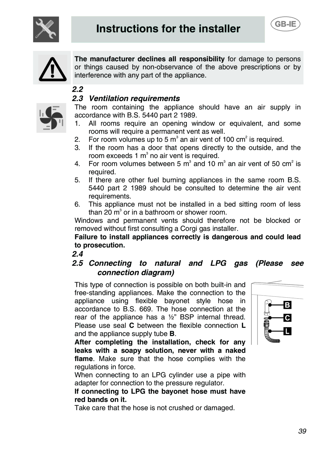 Smeg A1-6 manual Ventilation requirements 