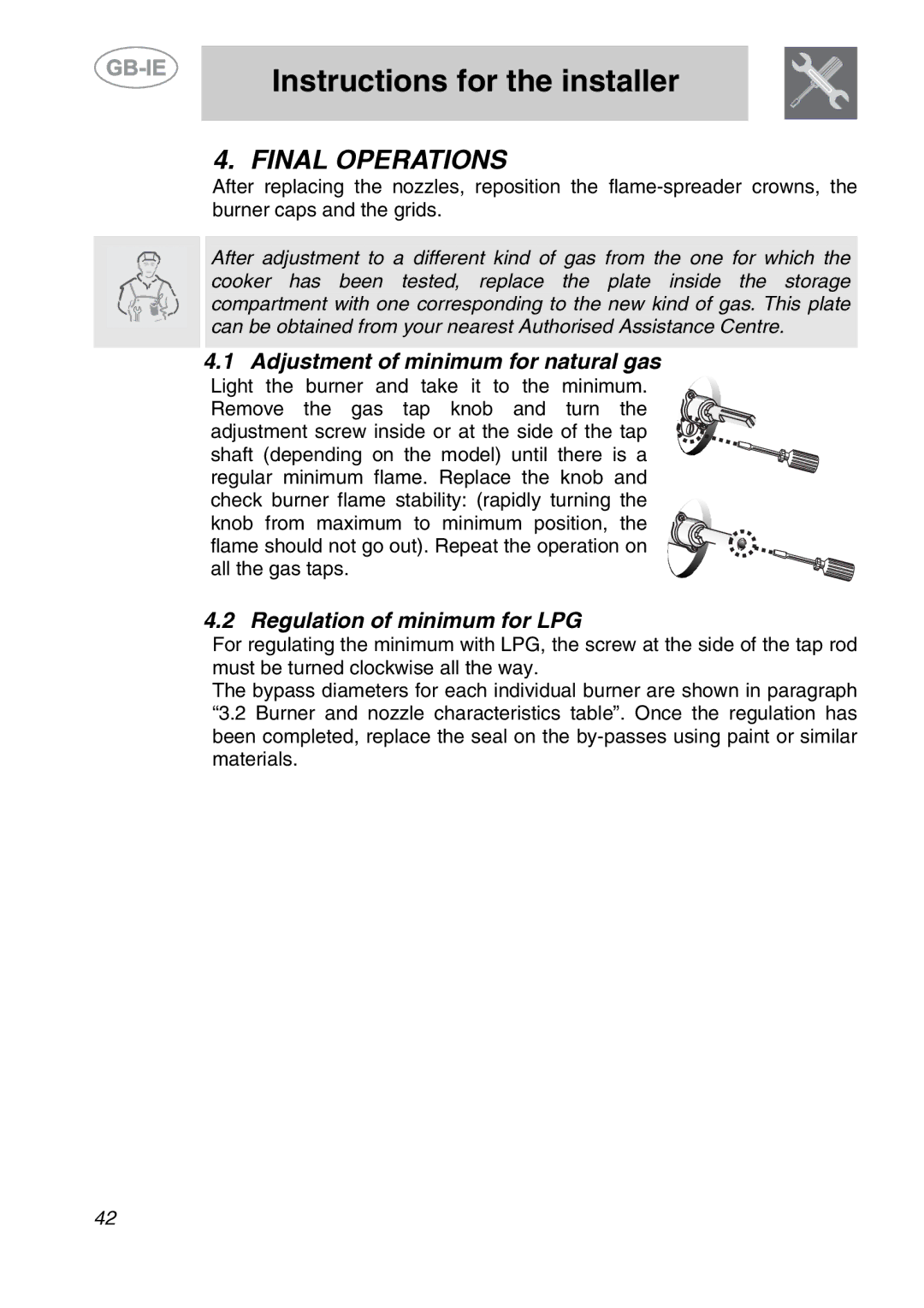 Smeg A1-6 manual Final Operations, Adjustment of minimum for natural gas, Regulation of minimum for LPG 