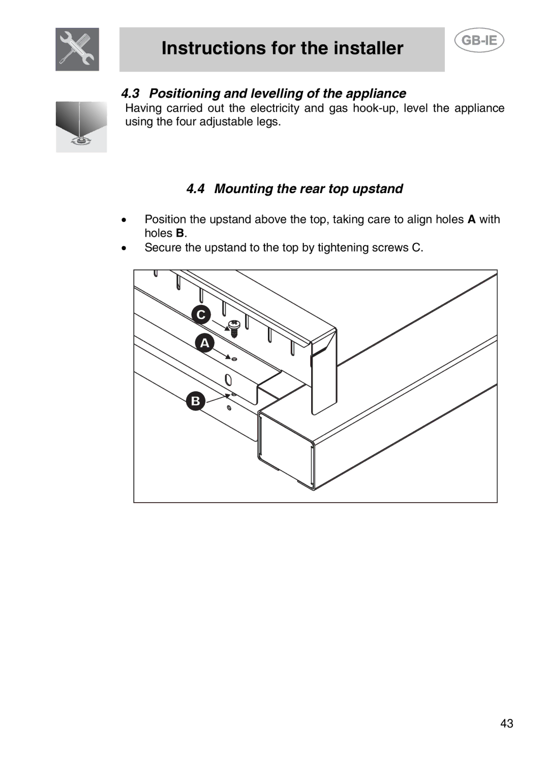 Smeg A1-6 manual Positioning and levelling of the appliance, Mounting the rear top upstand 