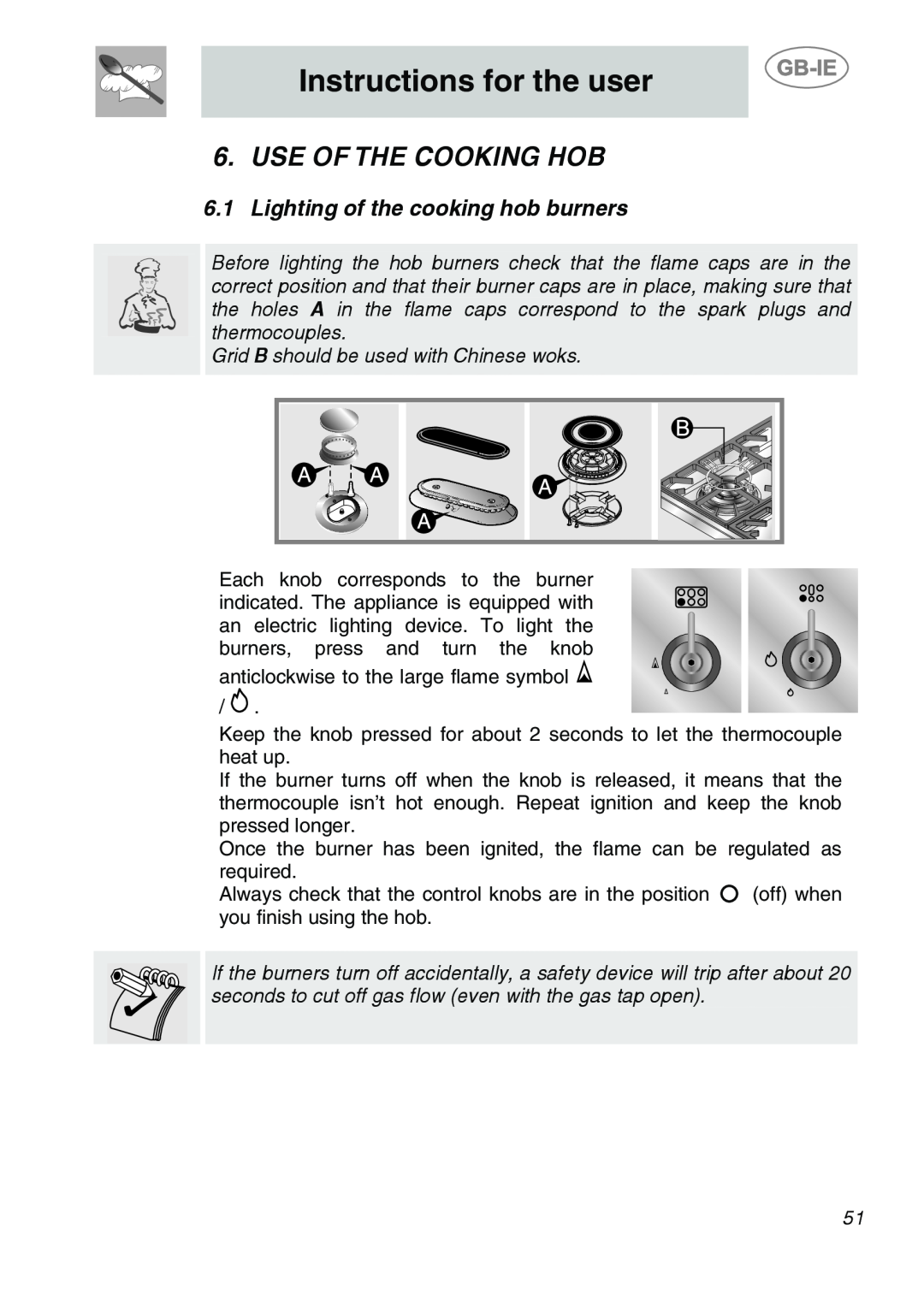 Smeg A1-6 manual Use Of The Cooking Hob, Lighting of the cooking hob burners, Instructions for the user 
