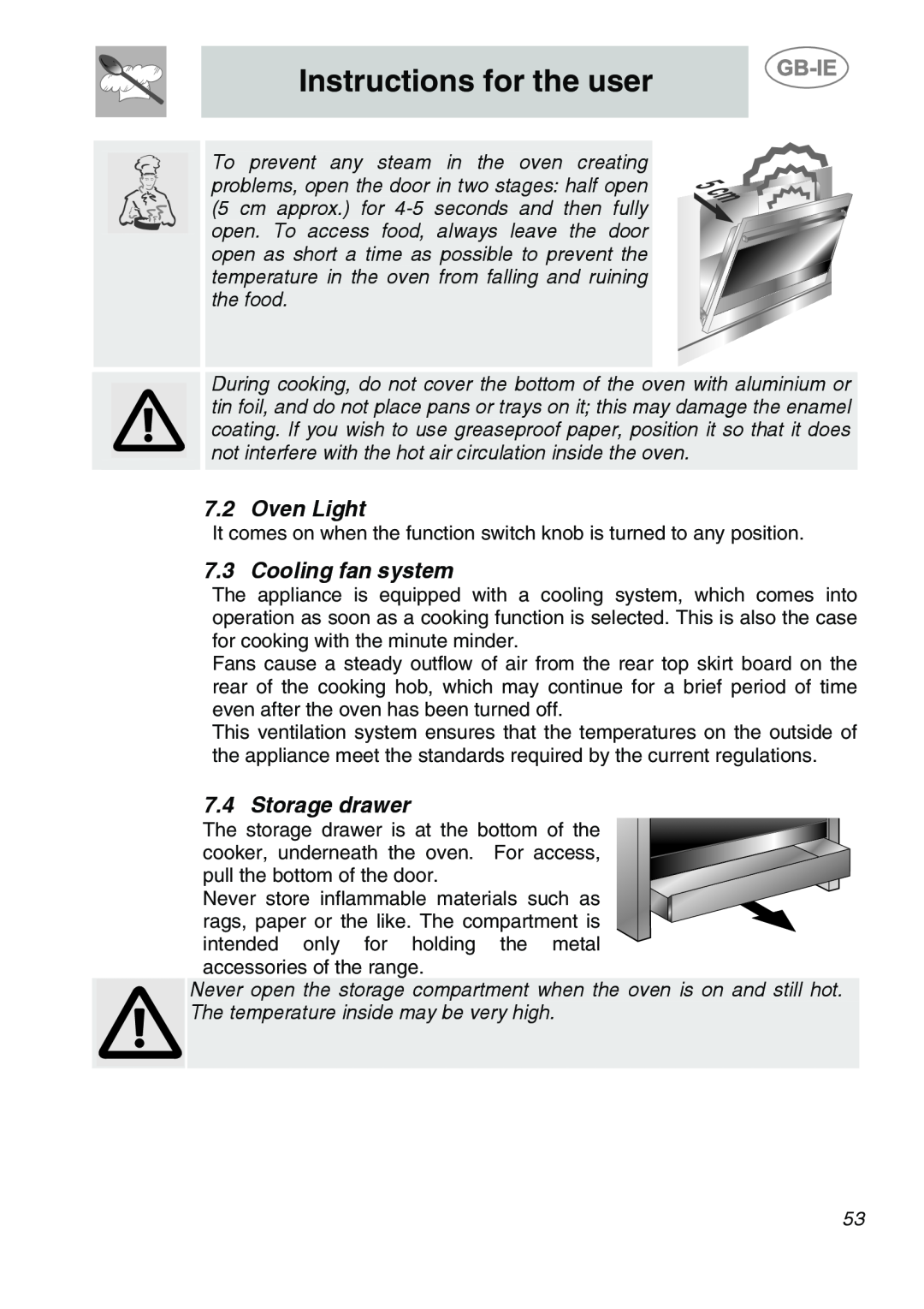 Smeg A1-6 manual Oven Light, Cooling fan system, Storage drawer, Instructions for the user 