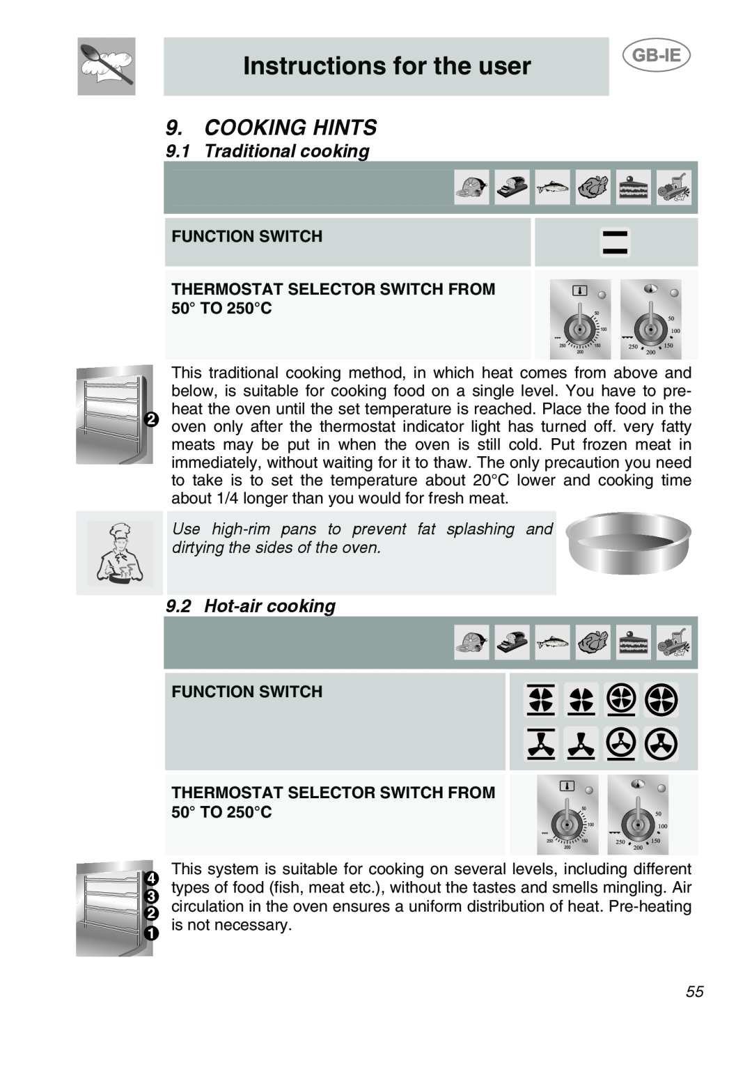 Smeg A1-6 manual Cooking Hints, Traditional cooking, Hot-air cooking, Instructions for the user 
