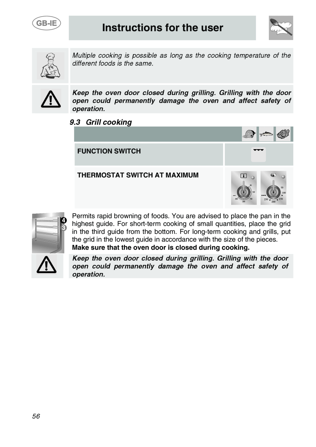 Smeg A1-6 manual Grill cooking, Instructions for the user, Function Switch Thermostat Switch At Maximum 