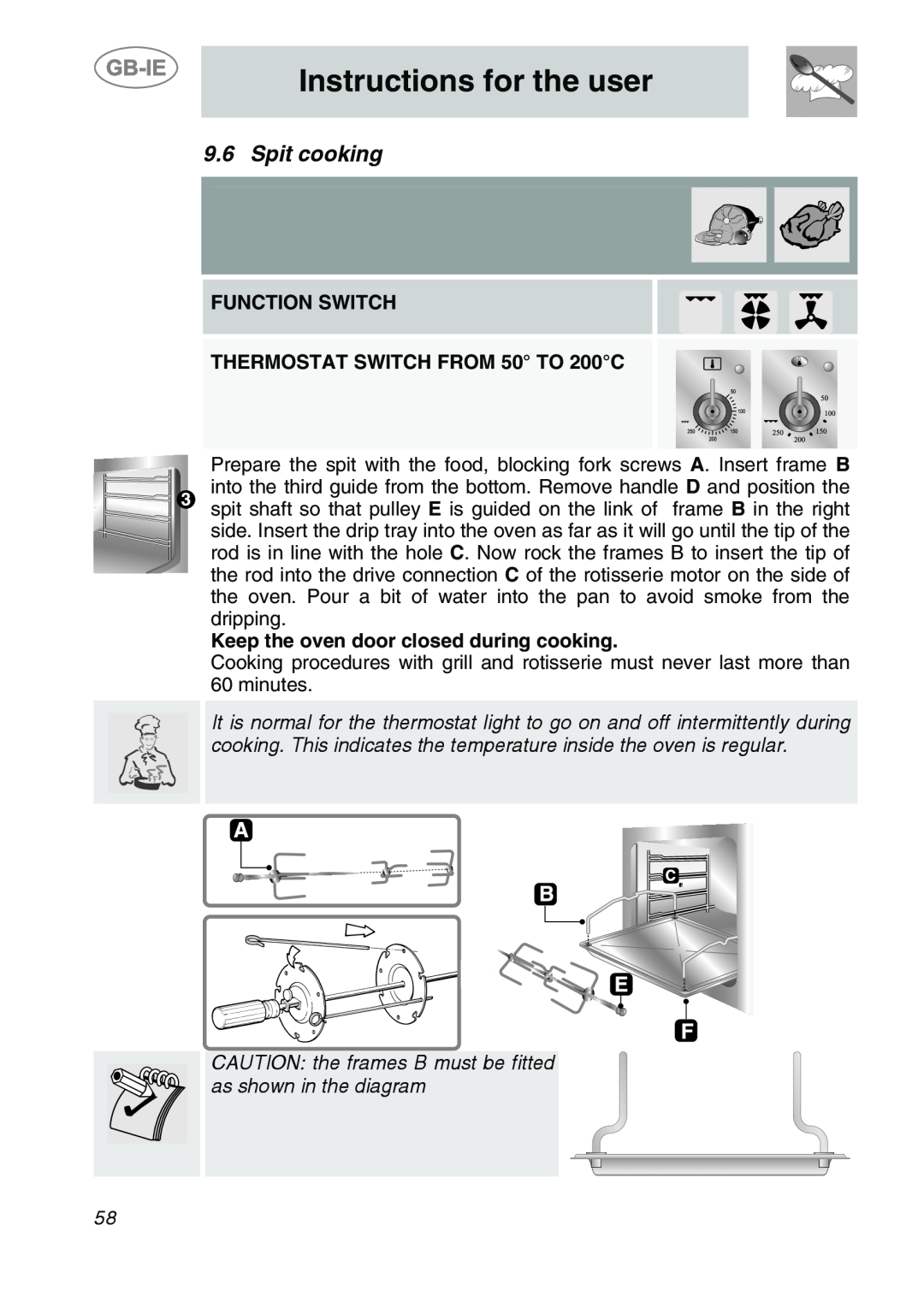 Smeg A1-6 manual Spit cooking, Instructions for the user, FUNCTION SWITCH THERMOSTAT SWITCH FROM 50 TO 200C 