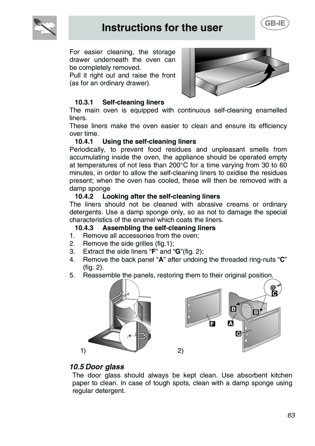 Smeg A1-6 manual Door glass, Instructions for the user, Self-cleaning liners, Using the self-cleaning liners 