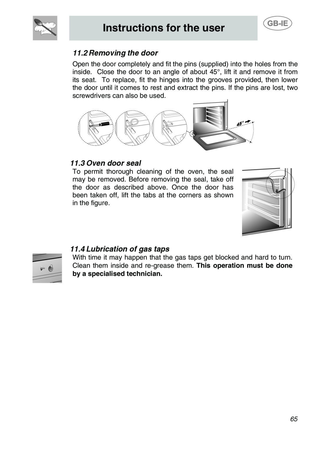 Smeg A1-6 manual Removing the door, Oven door seal, Lubrication of gas taps, Instructions for the user 