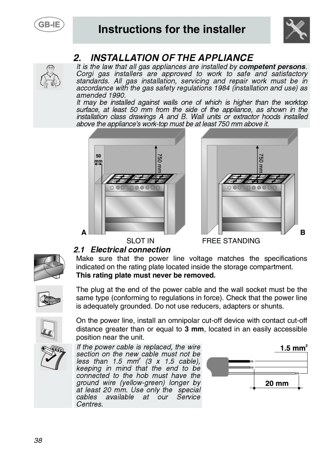 Smeg A1-6 manual Instructions for the installer, Installation Of The Appliance, Electrical connection 
