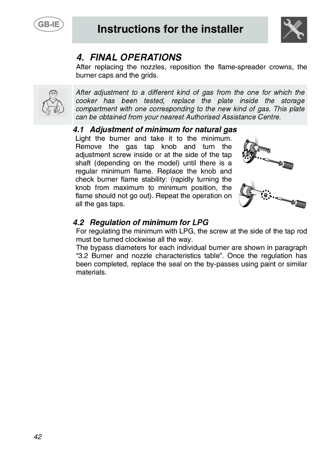 Smeg A1-6 manual Final Operations, Adjustment of minimum for natural gas, Regulation of minimum for LPG 