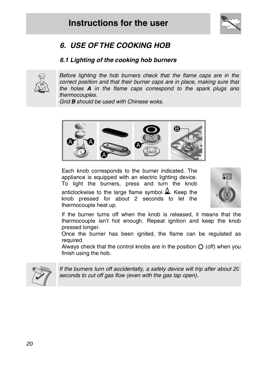 Smeg A11A-5 manual USE of the Cooking HOB, Lighting of the cooking hob burners 